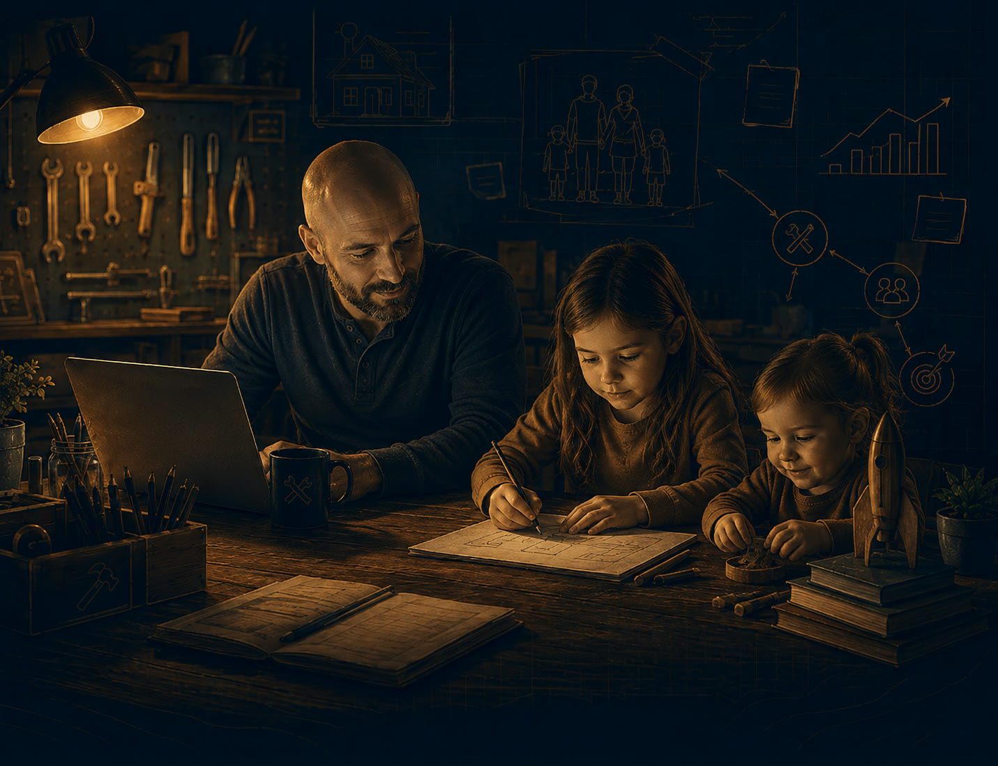 A dad at a warm workbench table with two young daughters drawing and building while he works nearby