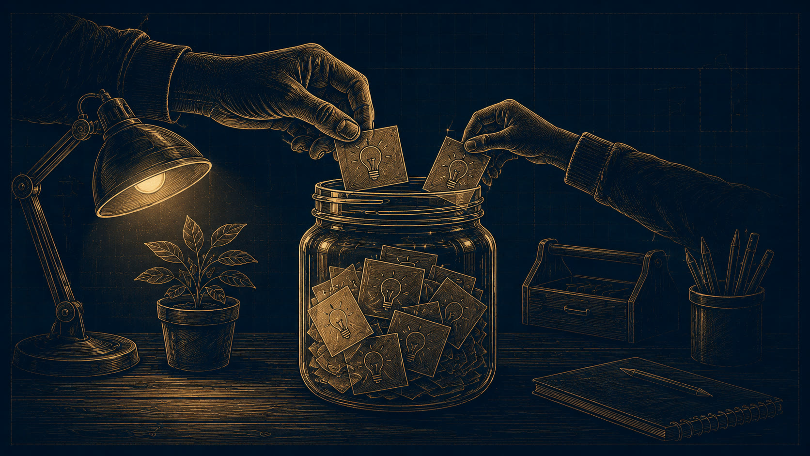 Hands placing idea cards into a jar on a workbench under a desk lamp