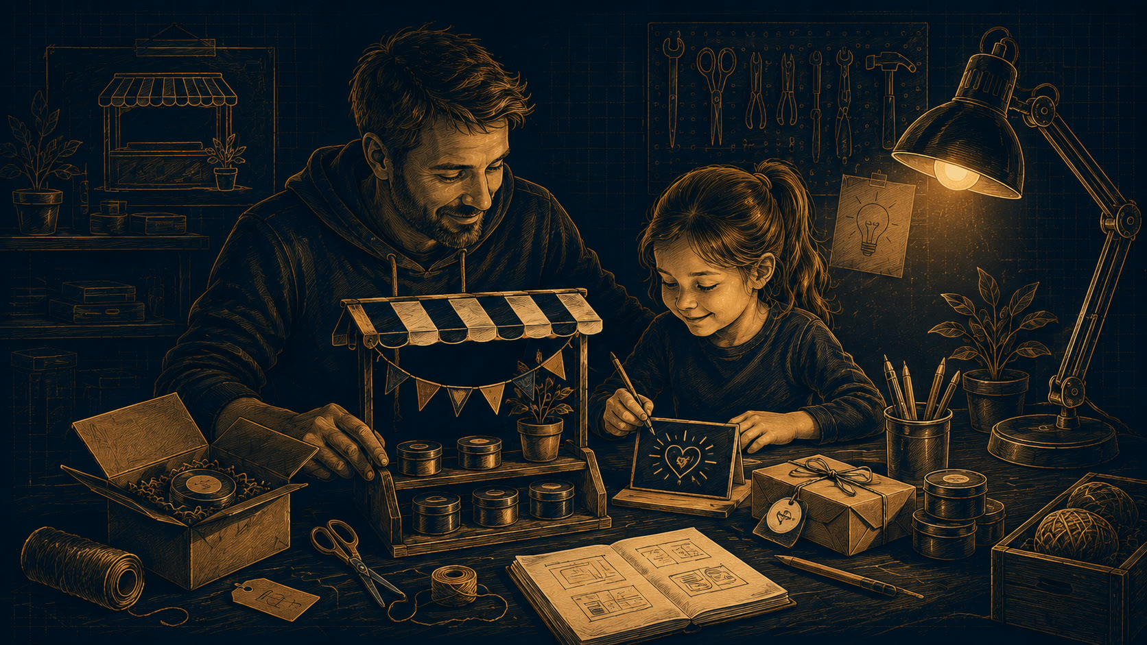 Father and daughter at a workbench building a small market stall craft together